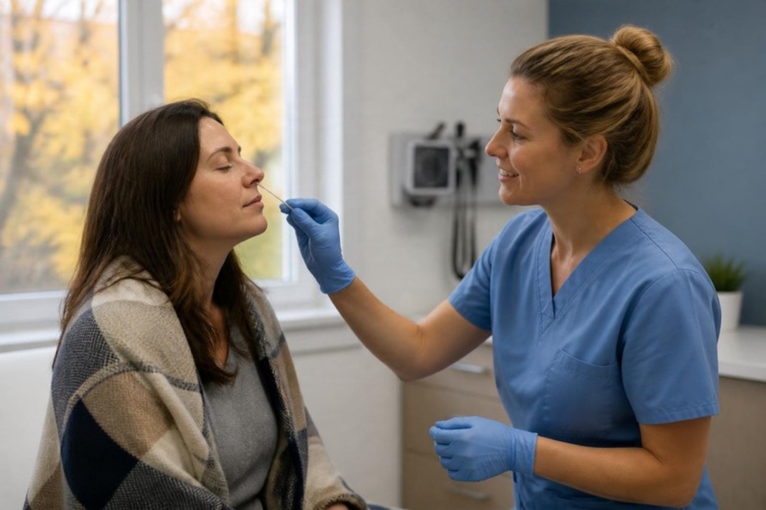 Nurse taking a nasal swab for a rapid flu test at PACS Urgent Care in Alexandria, VA