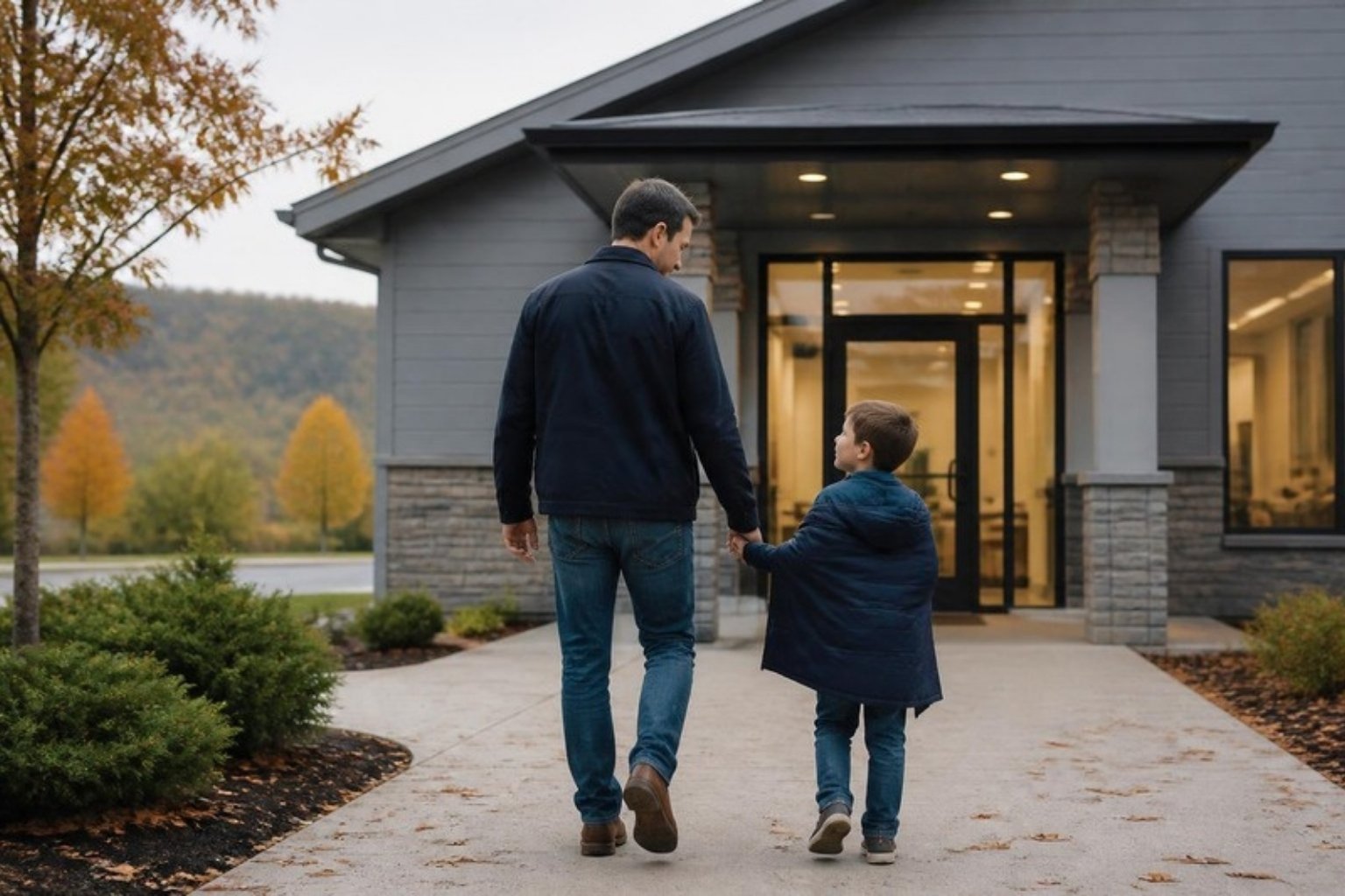 Father and son walking into PACS Urgent Care in Ruther Glen, VA for flu care