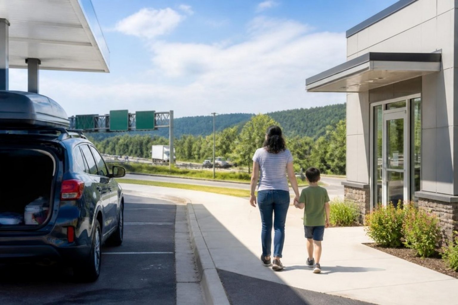 Family walking to a walk-in urgent care clinic near an I-95 exit in Caroline County, Virginia