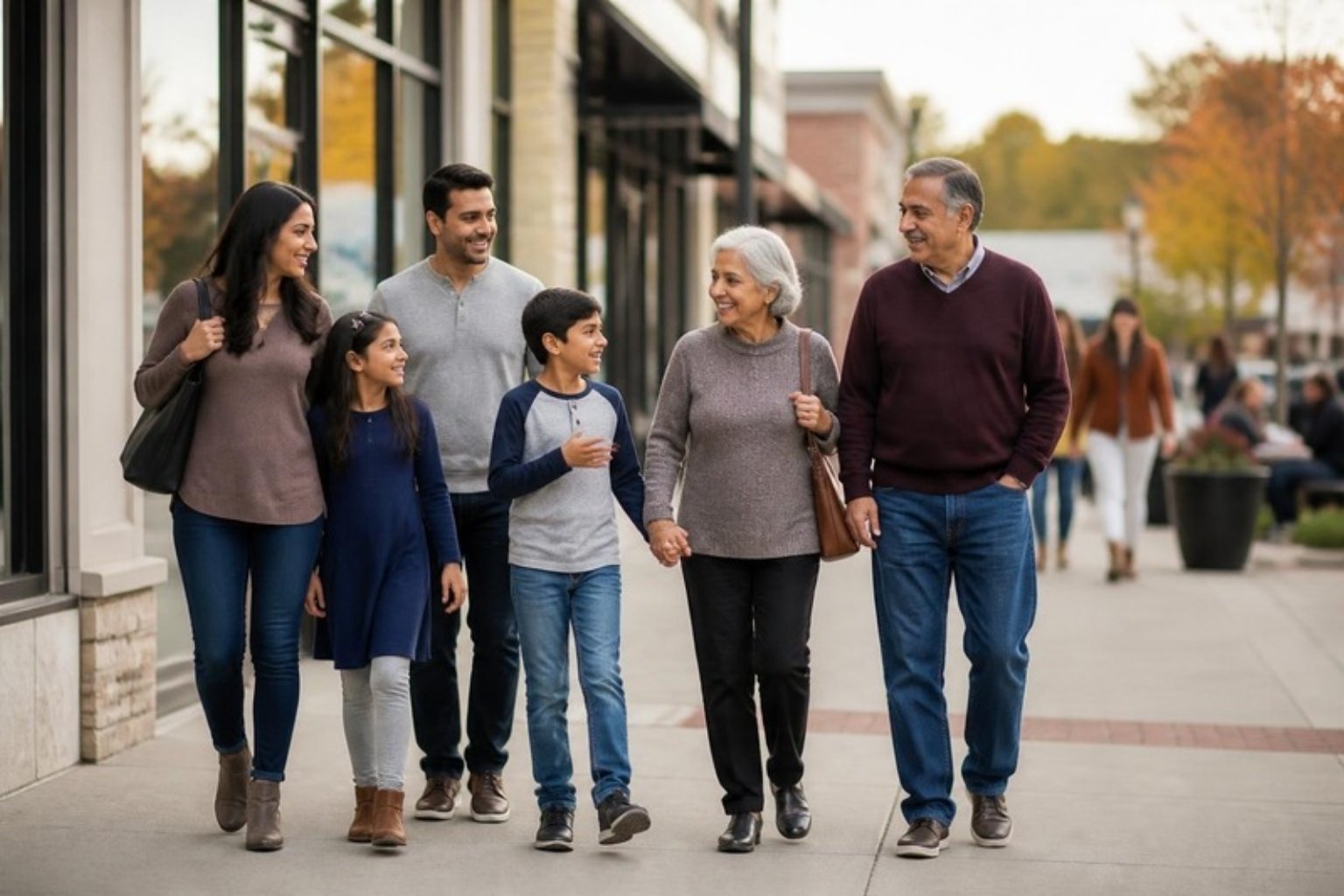 Multigenerational family walking through a shopping plaza in Annandale, Virginia