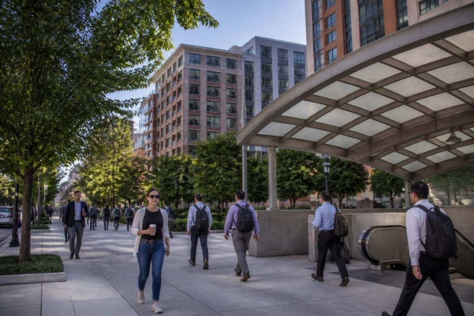 Commuters walking on a tree-lined sidewalk in an Arlington, Virginia neighborhood