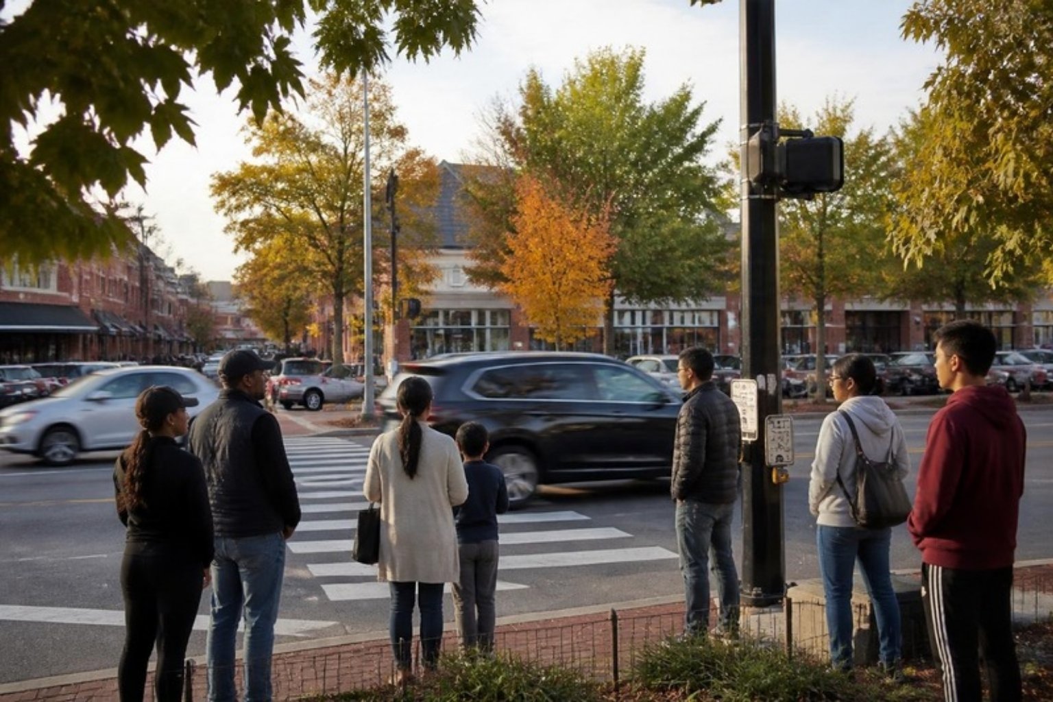 Diverse group of people waiting at a crosswalk in Bailey's Crossroads, Virginia in autumn