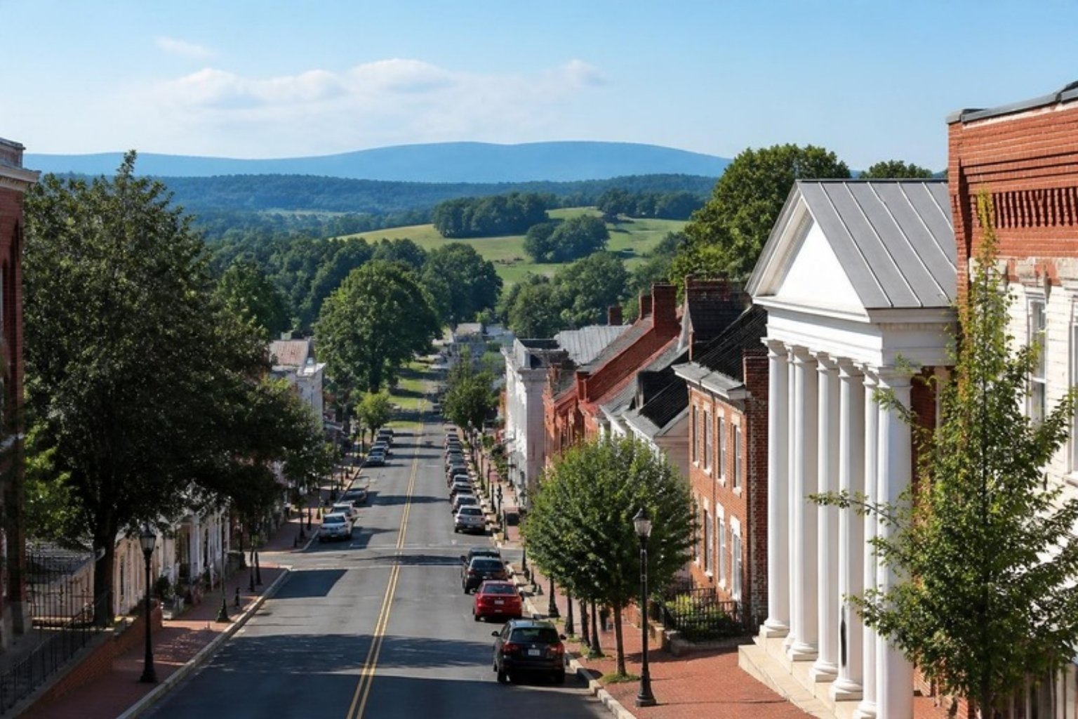 Historic small-town main street with brick buildings in Bowling Green, Virginia