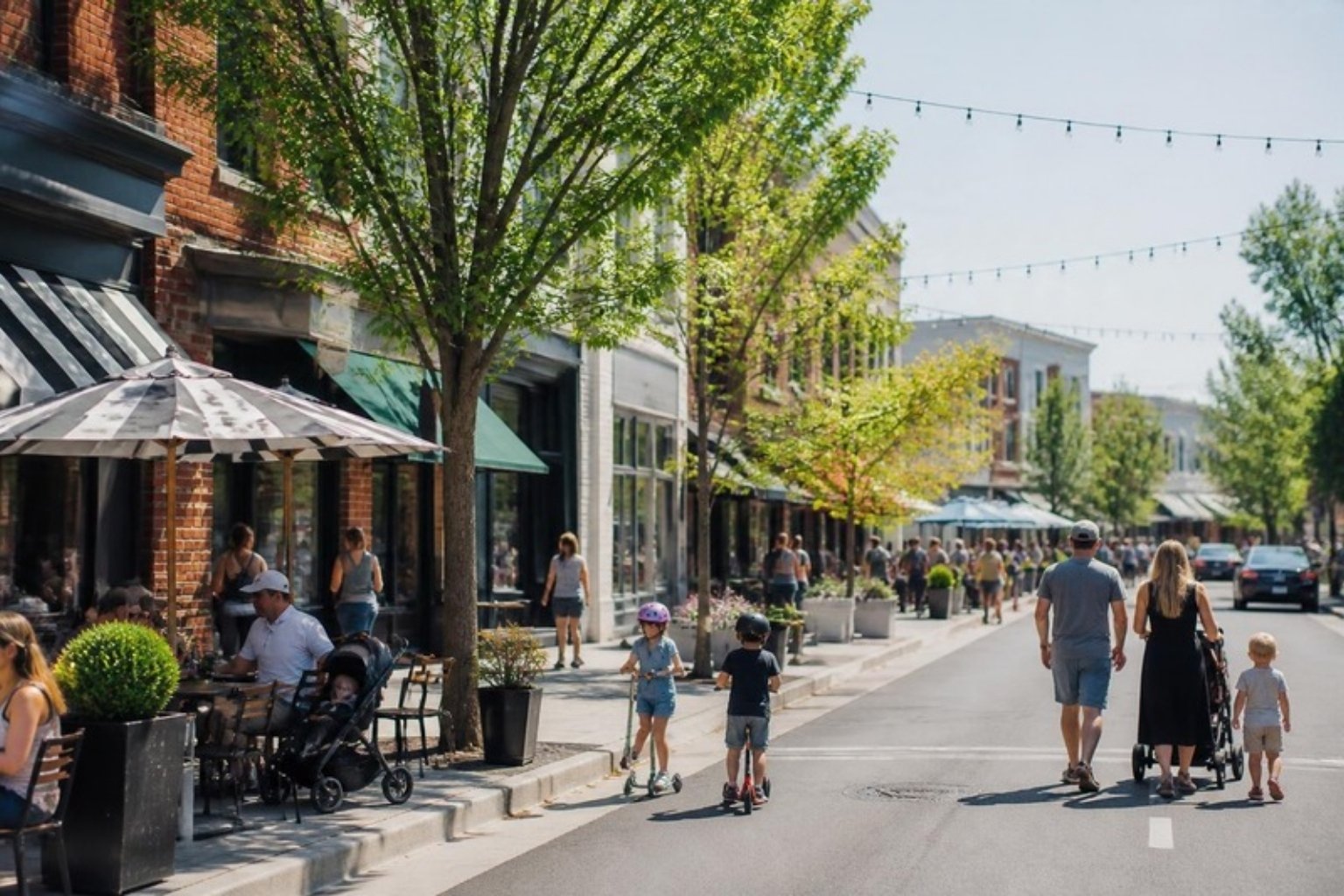 Families with strollers on a café-lined avenue in Del Ray, Alexandria