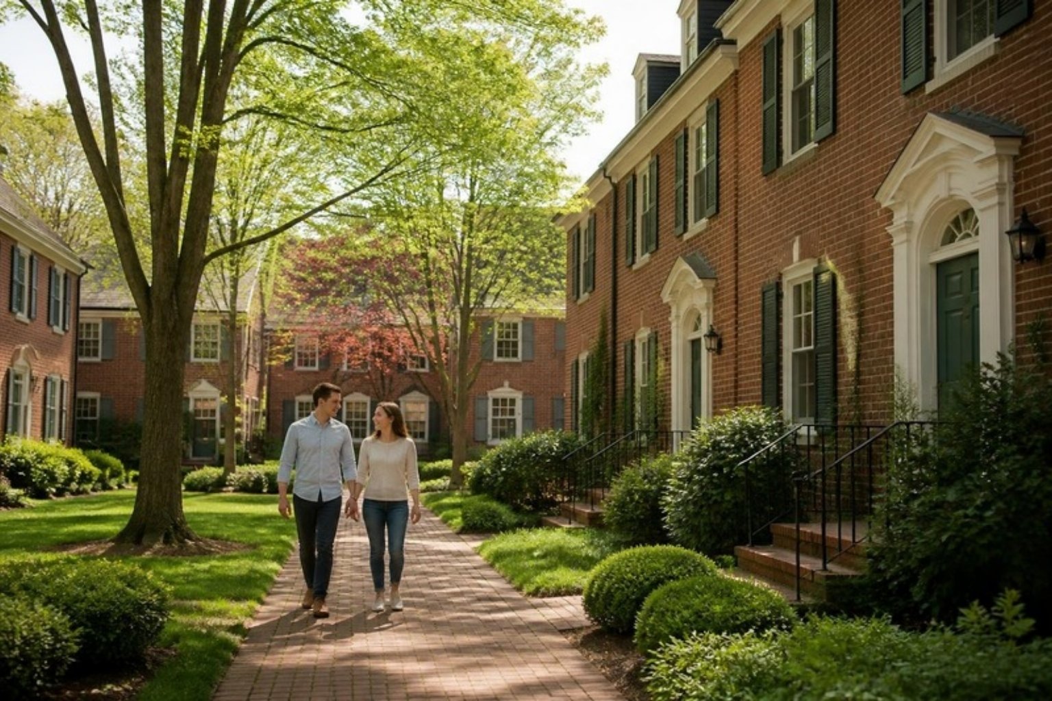 Brick garden-style townhomes and courtyard in Fairlington, Virginia