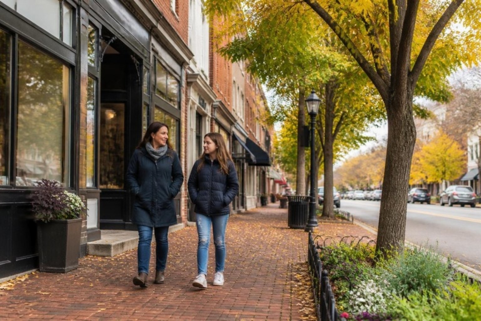 Parent and teen walking on a tree-lined main street in Falls Church, Virginia in autumn