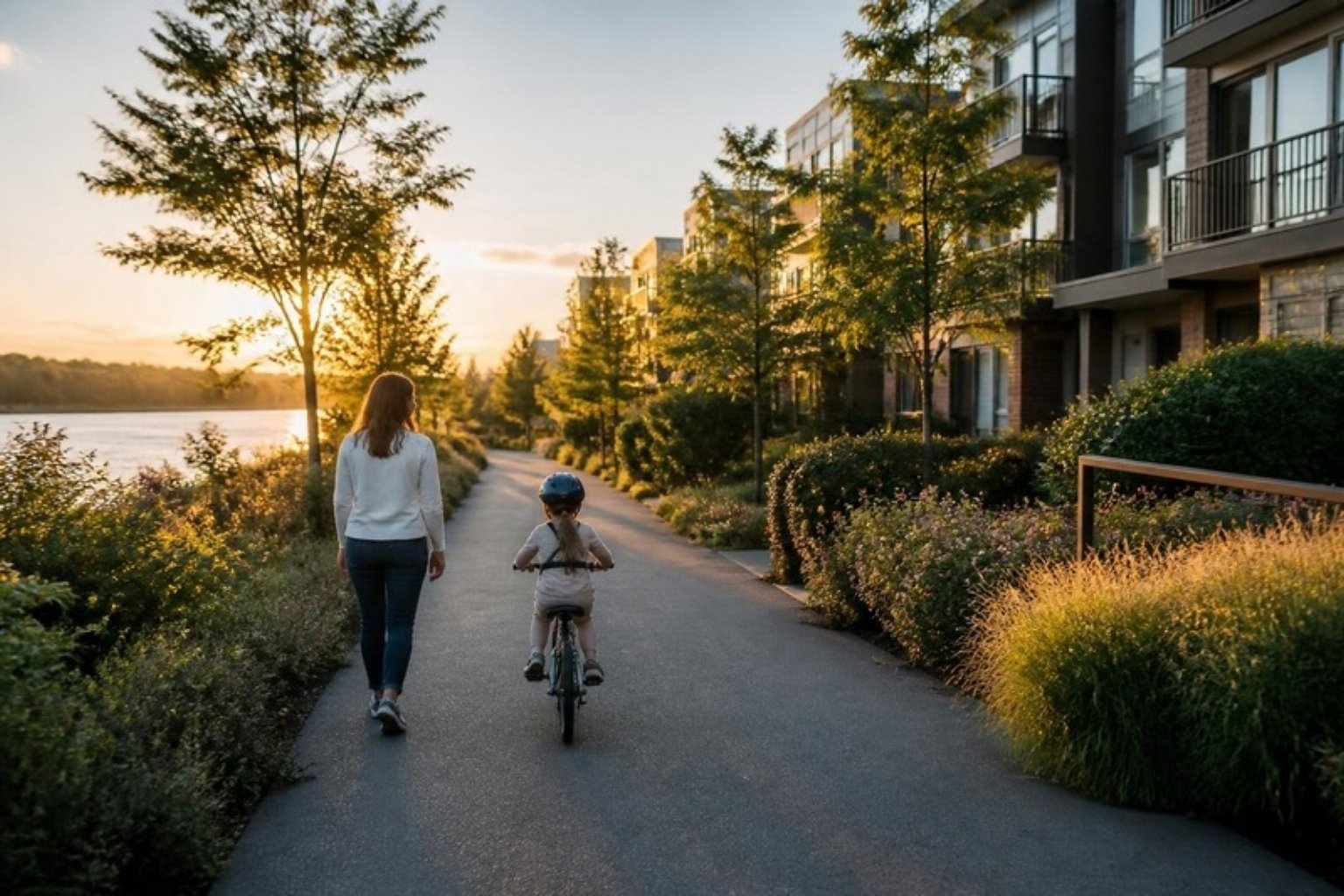 Parent walking beside a child on a bike along a riverside path in Huntington, Virginia