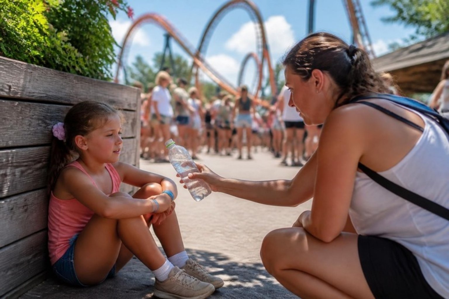 Parent giving water to a child resting in the shade at an amusement park on a hot summer day