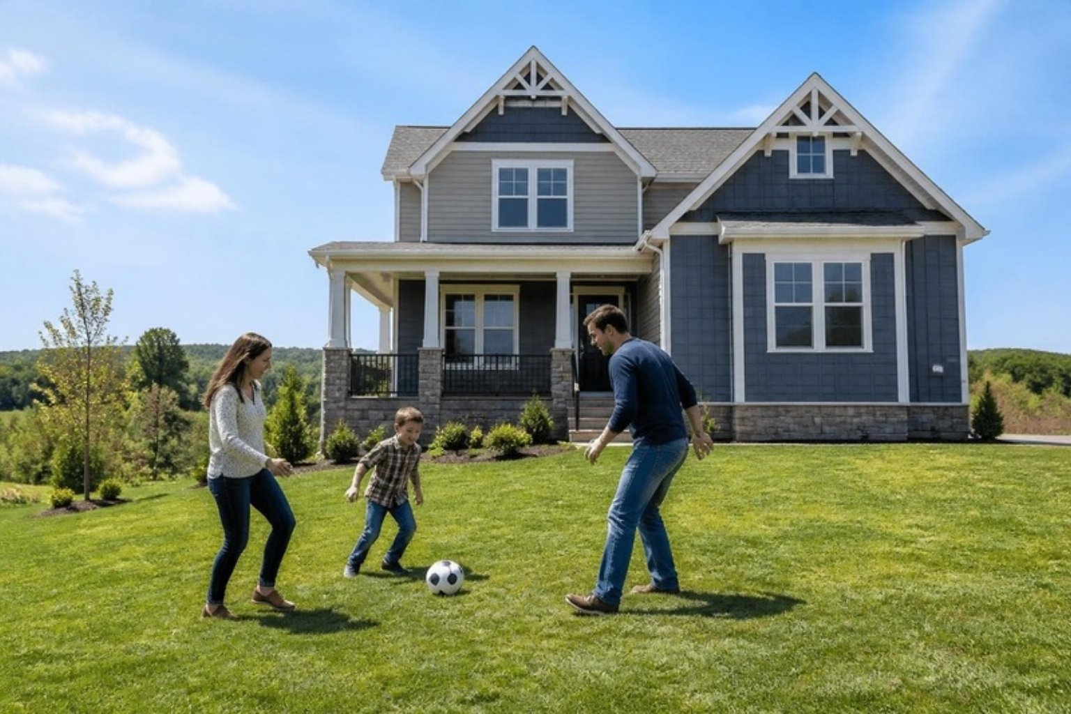 Young family playing in the front yard of a new home in Ladysmith, Virginia