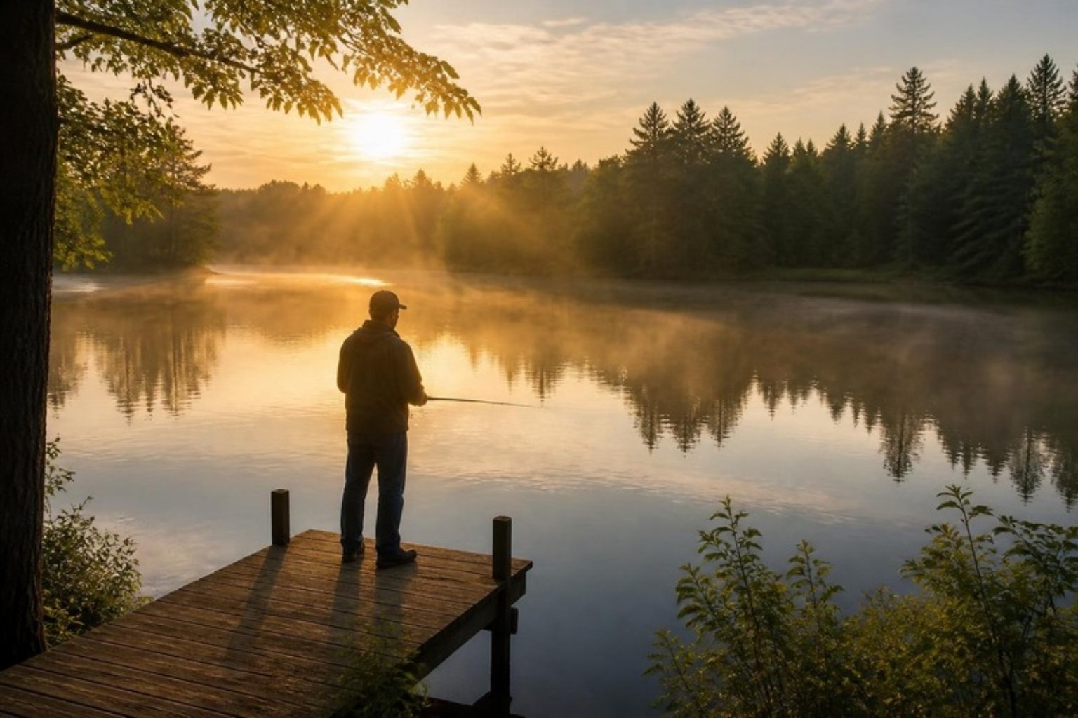 Person fishing from a dock on a misty lake at sunrise near Lake Caroline, Ruther Glen