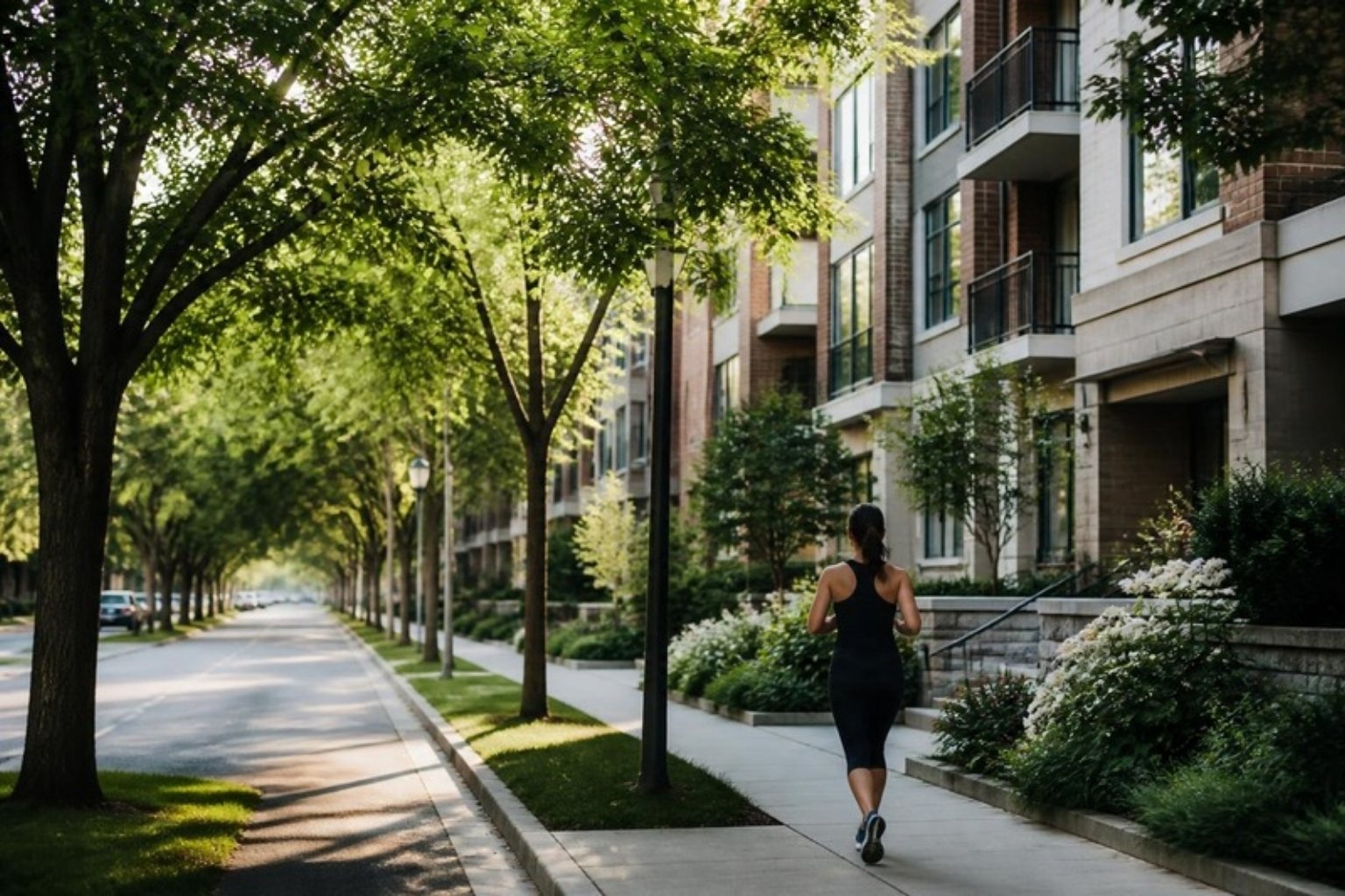 Woman jogging on a tree-lined street near apartment buildings in Alexandria's Landmark area