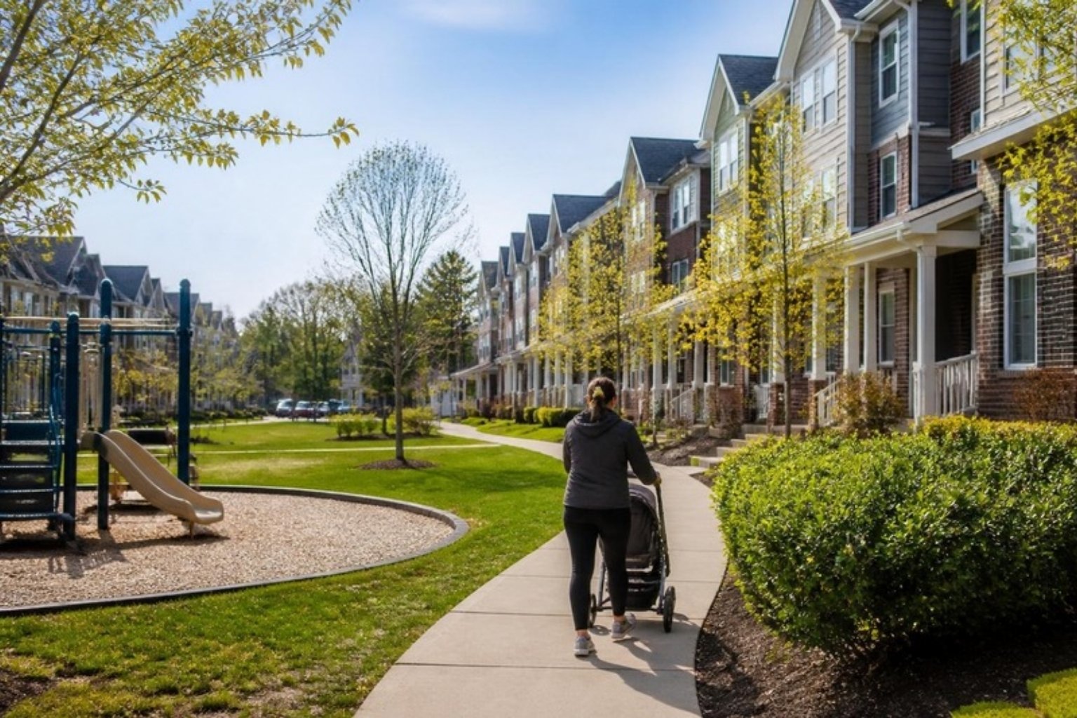 Parent pushing a stroller through a townhouse community in Lincolnia, Virginia