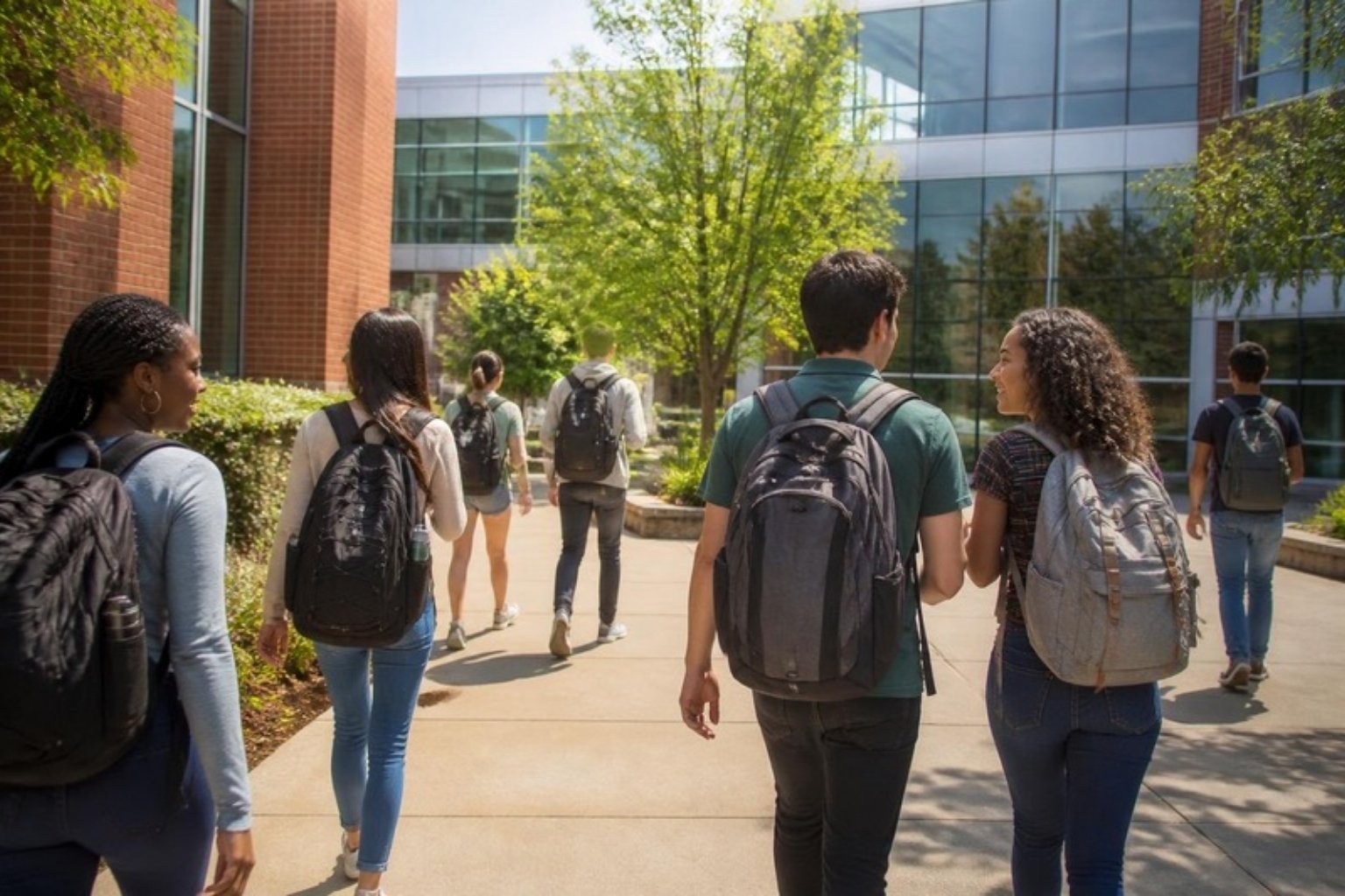Community college students with backpacks walking across a campus courtyard