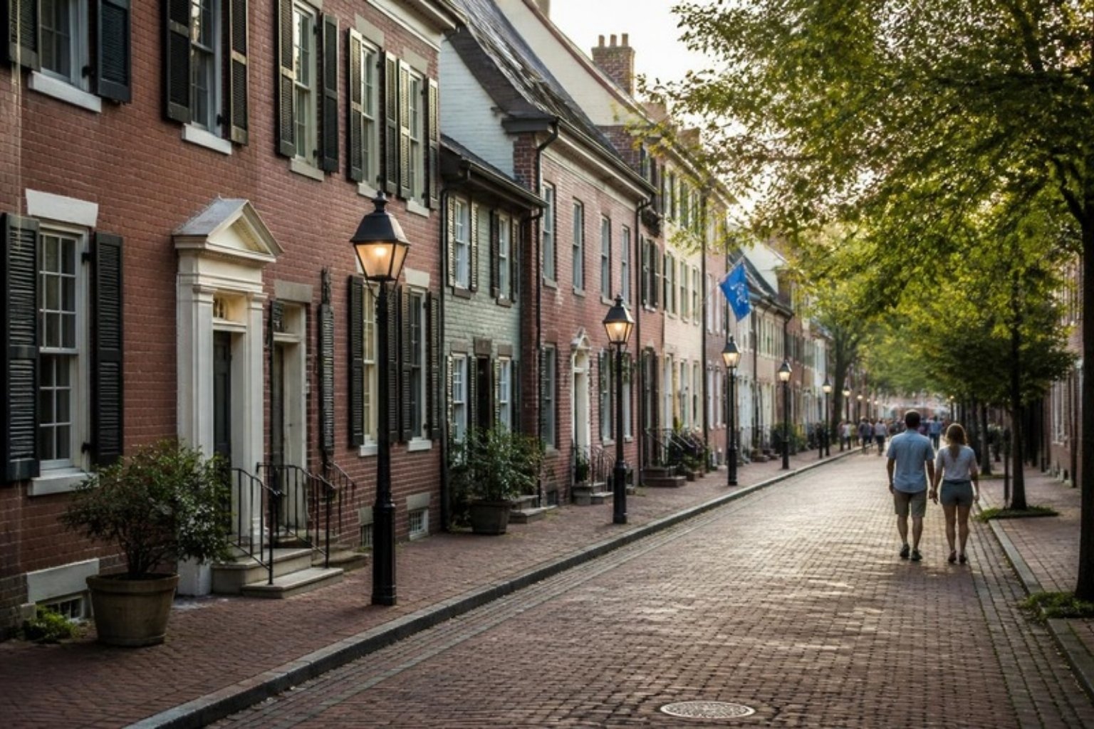 Historic brick rowhouses on a brick-paved street in Old Town Alexandria, Virginia