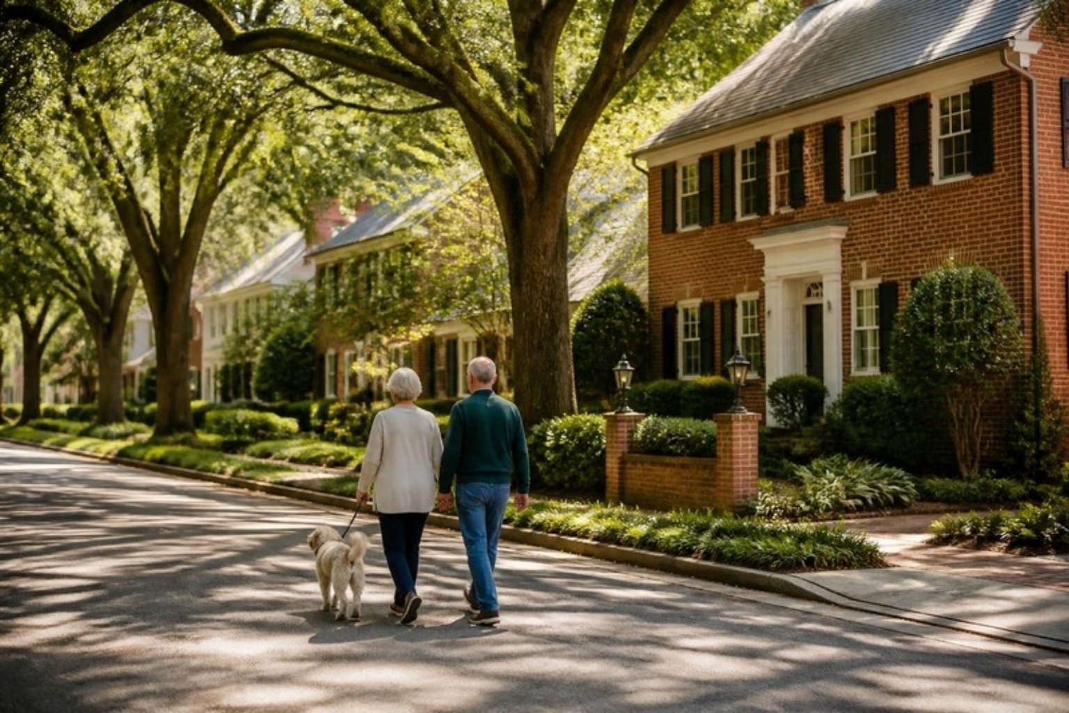 Older couple walking a dog on an oak-lined residential street in Seminary Hill, Alexandria