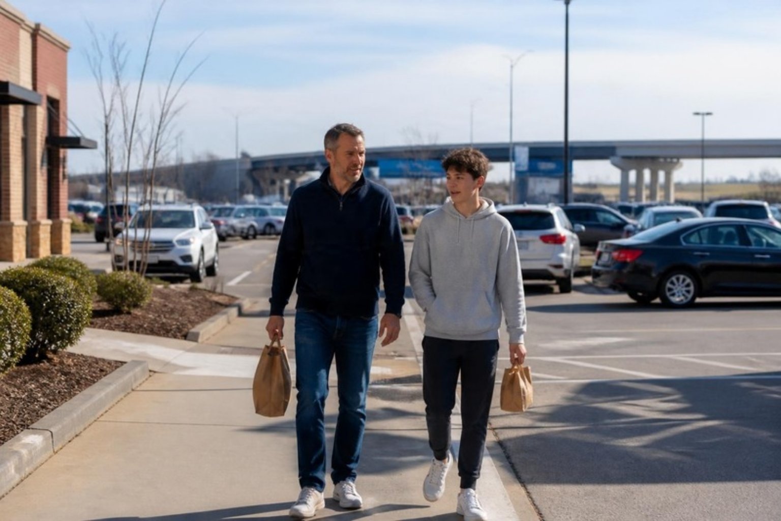 Parent and teen walking from a parking lot toward shops in Springfield, Virginia