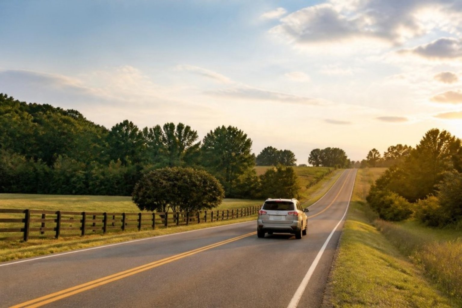 Country road through green fields in Caroline County, Virginia